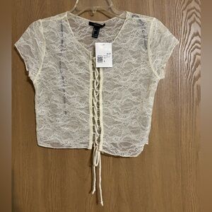 New FOREVER 21 Sheer Lace Cropped Tee Large Top Stretchy Floral Lace Vanilla